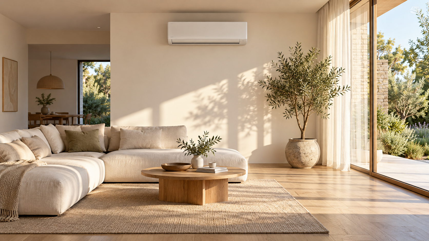 Helles Wohnzimmer mit weißer Klimaanlage, Leinensofa und Blick in den Garten